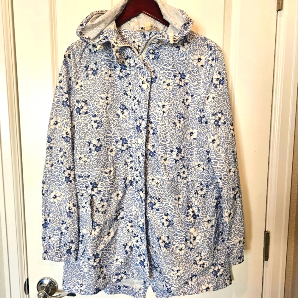 Linda Anderson Blue Leopard & Floral Print Rain Jacket - NWOT